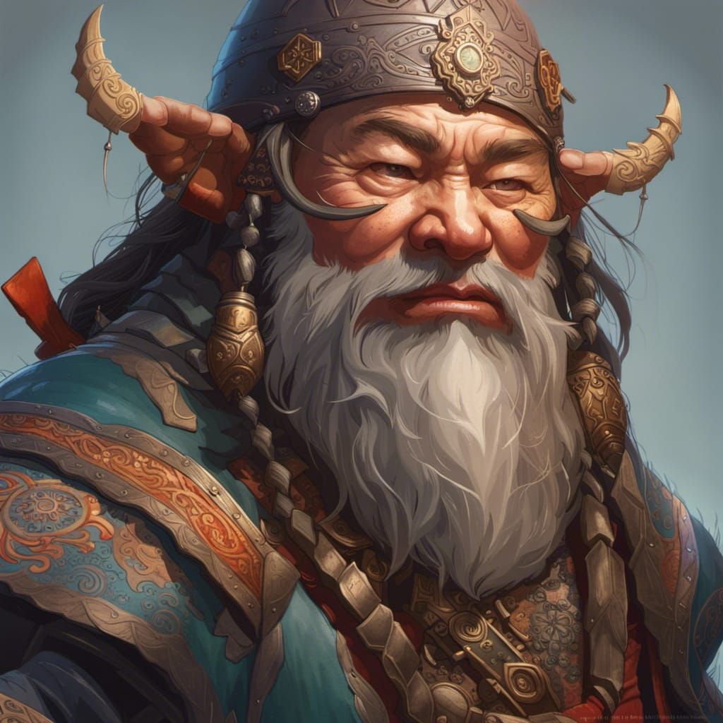 Mongolian Dwarf Portrait in Hyperdetailed Art Style