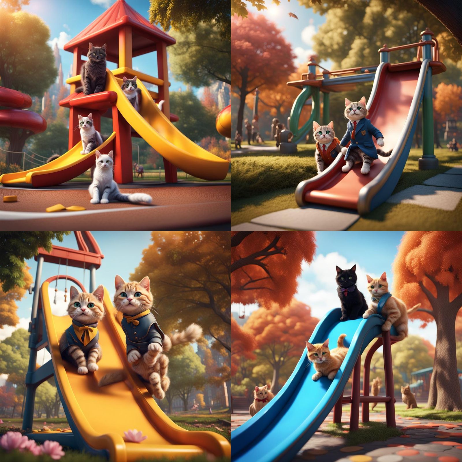 Cats in School Uniforms Play on Slide