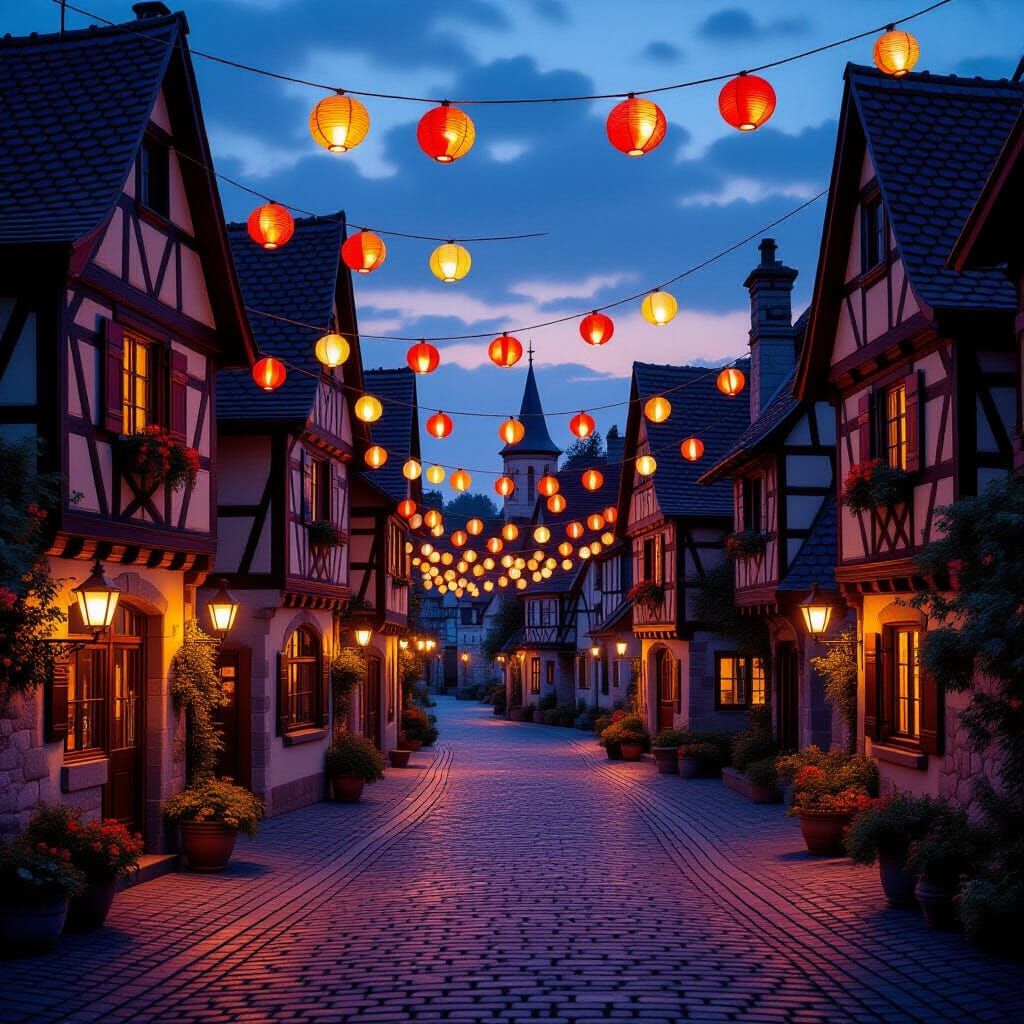 Whimsical Village Square at Dusk with Paper Lanterns