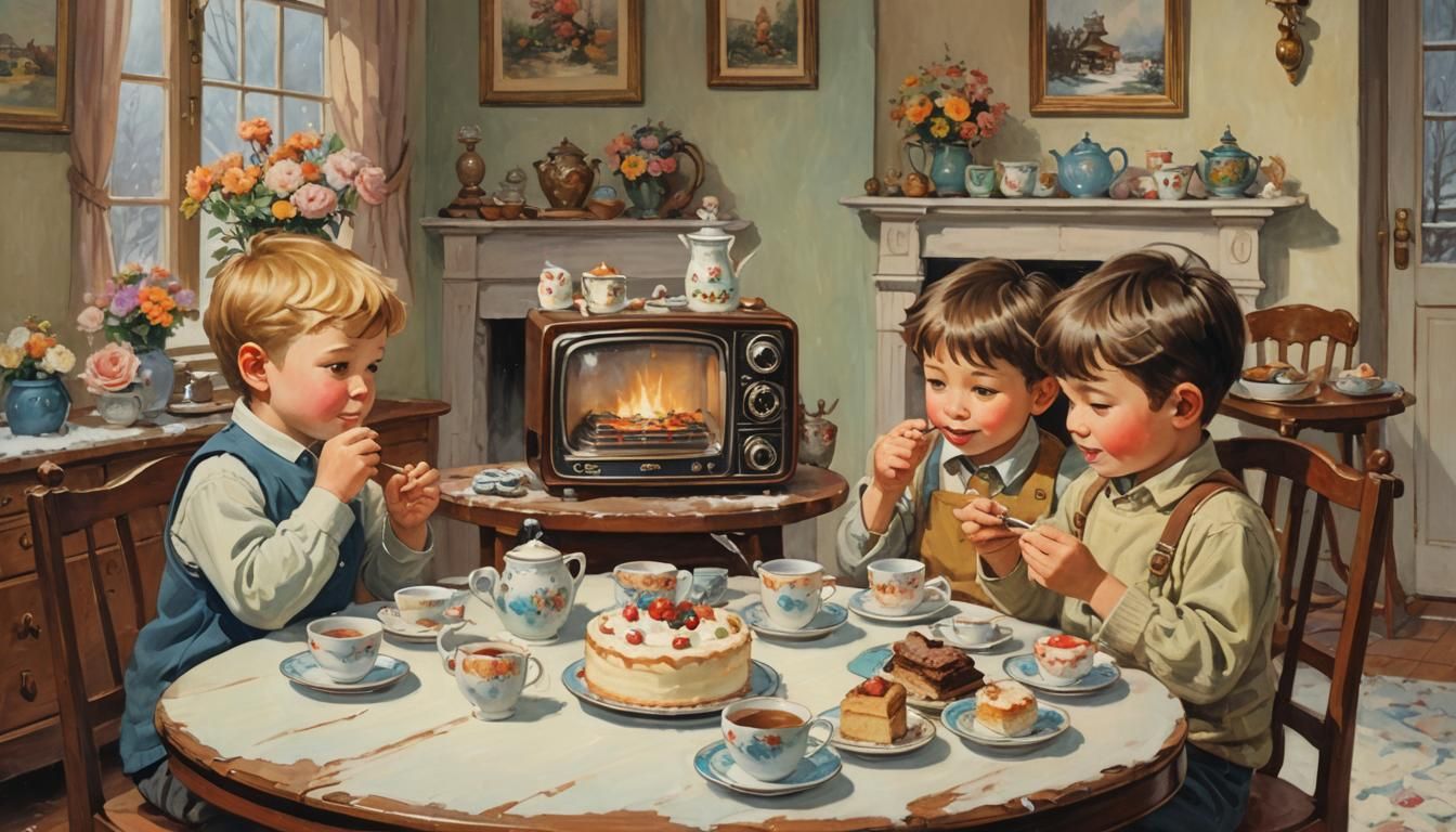 Four Year Olds Enjoying Cakes, Frazetta Style