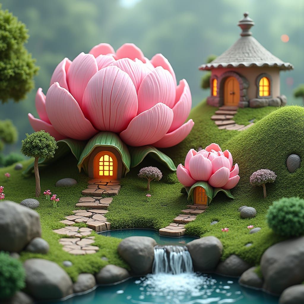 Pink Peony Flower Village in Photorealistic Style