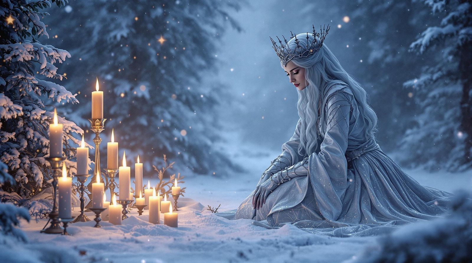 Mystical Winter Queen Kneels Before Christ Child in Snowy Be...