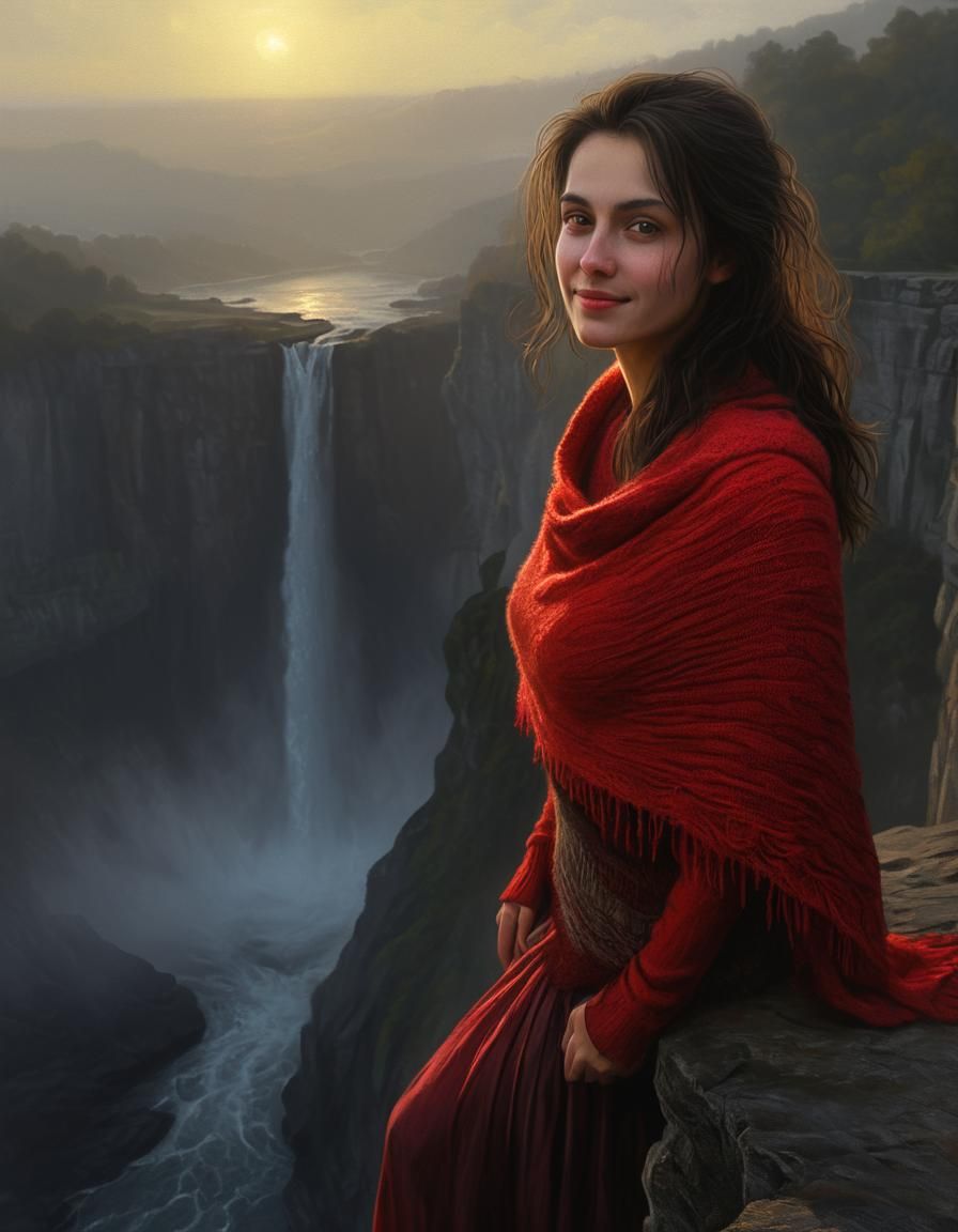 Woman on Cliff in Predawn Light, Chiaroscuro Oil Painting