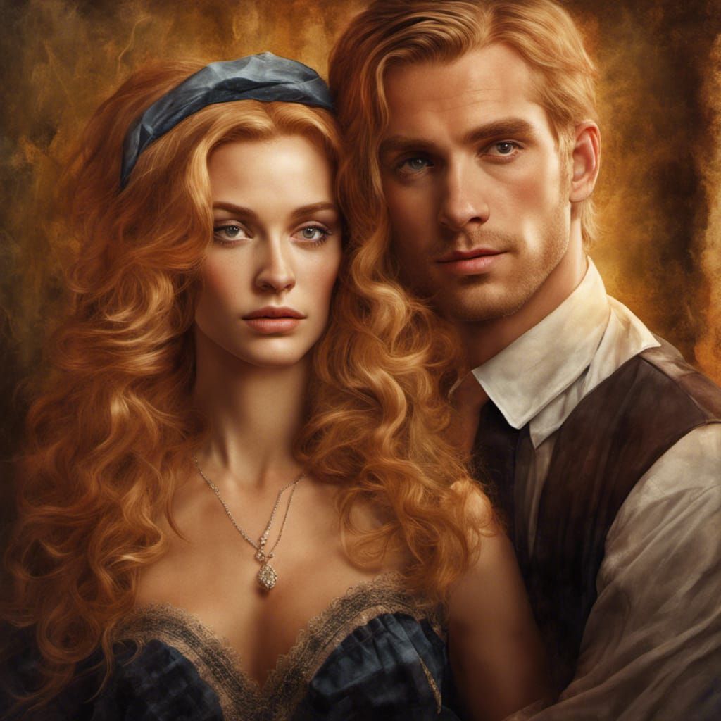 "OLD SCHOOL HARLEQUIN ROMANCE BOOK COVER" blond
woman and auburn-haired man in a room, head and shoulders portrait, 8k ...