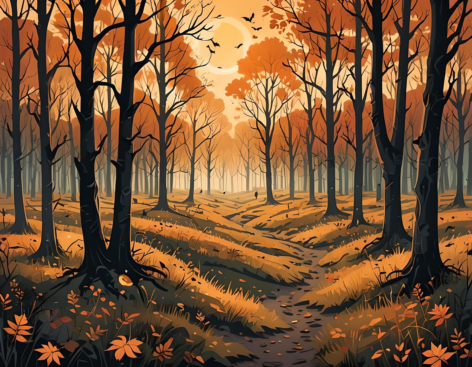 Magical Spooky Autumn Forest Illustration