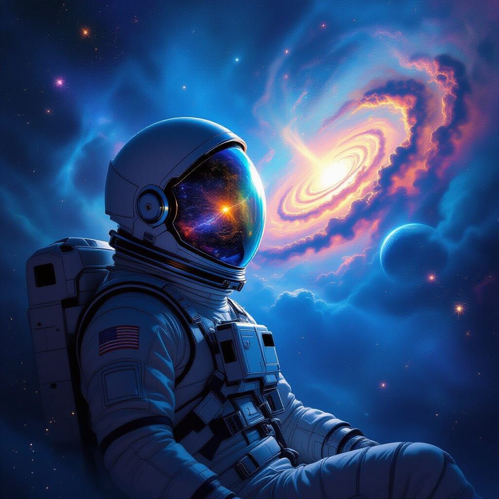 Astronaut Adrift in Nebula, Galaxy Reflection