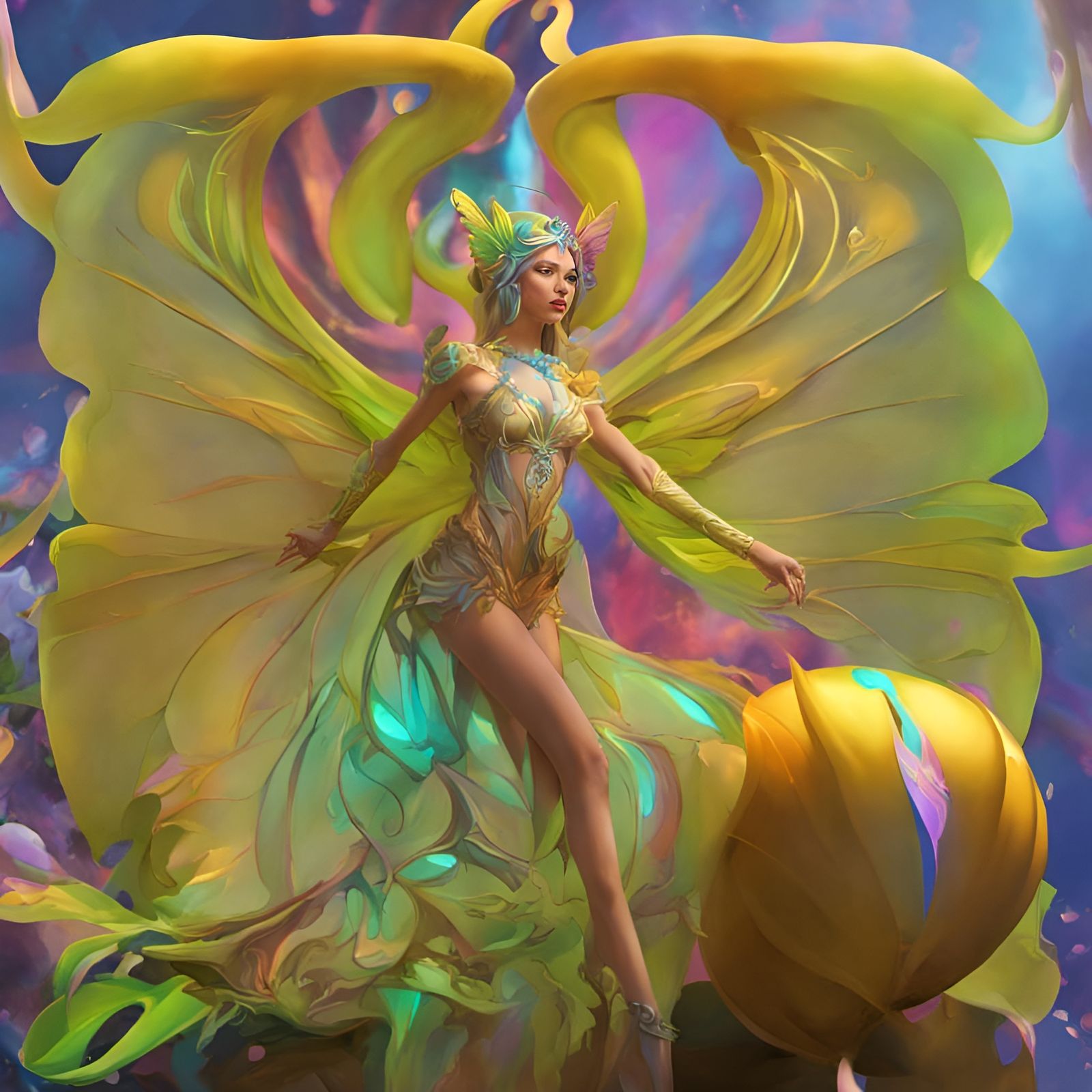 Neon psychedelic colorful fantasy fairy, detailed face, gorgeous wings,