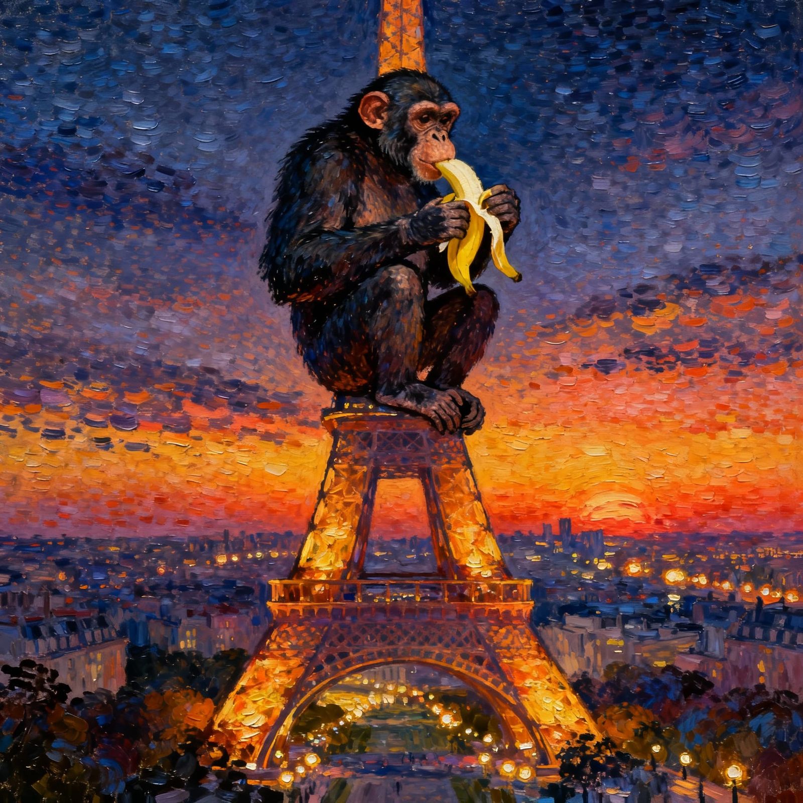 Chimpanzee Eats Banana Atop Eiffel Tower at Dusk