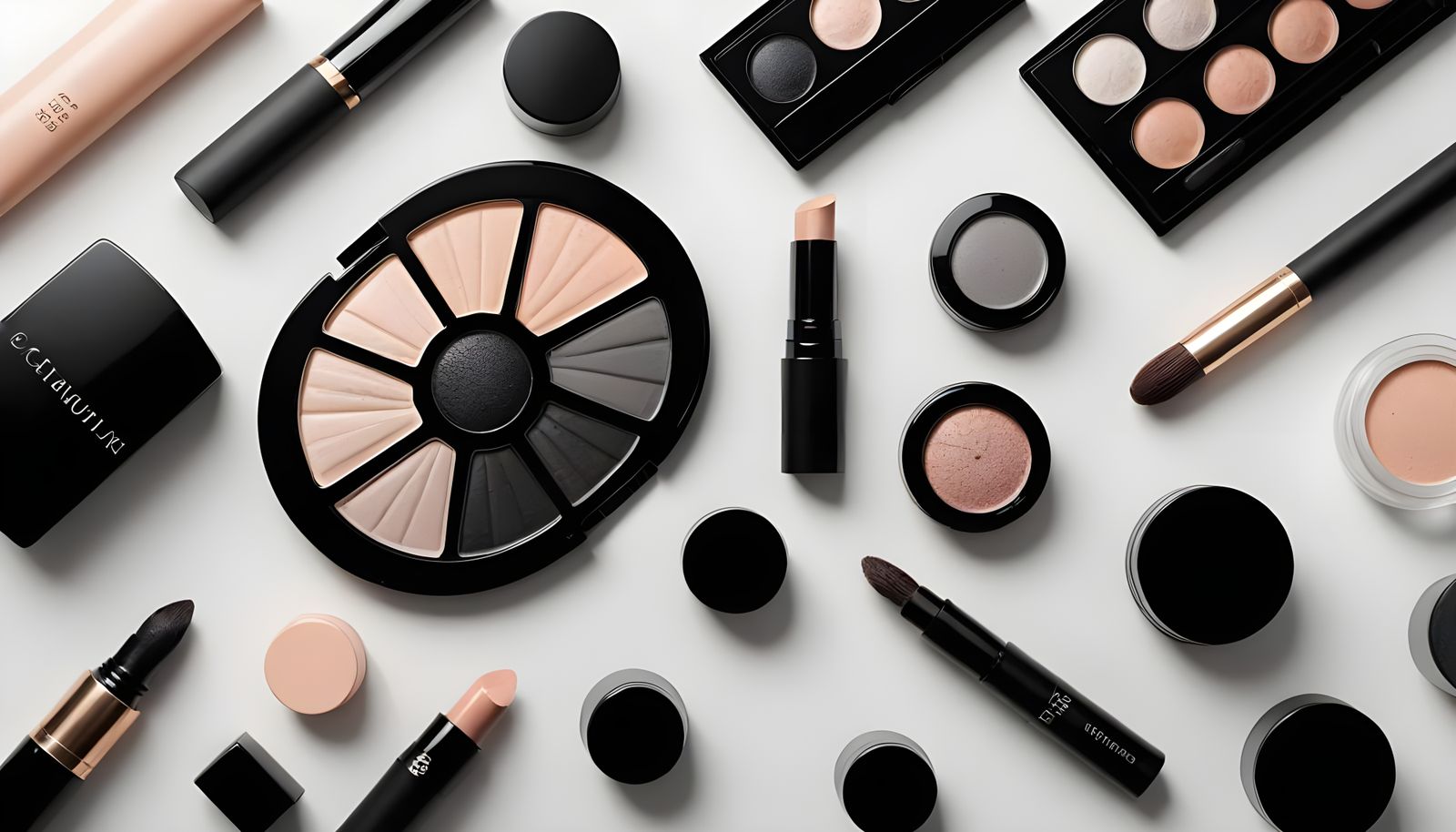 Minimalist Makeup Kit Flatlay in Black and Neutral