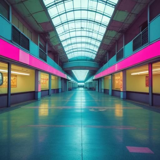 Abandoned 1980s Mall with Neon Vaporwave Aesthetic