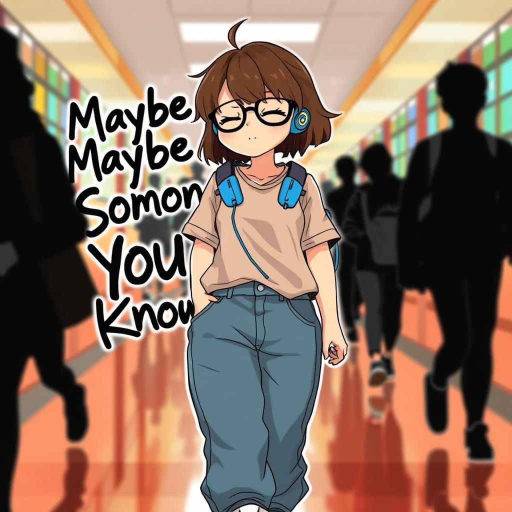 Anime Girl with Headphones in School Hallway