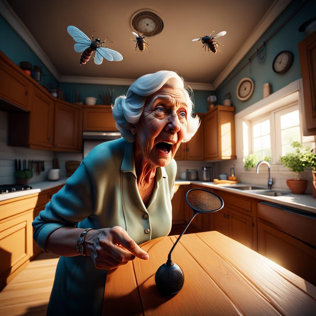 Terrified Woman and Fly: Fisheye Lens Hyperrealistic Kitchen...