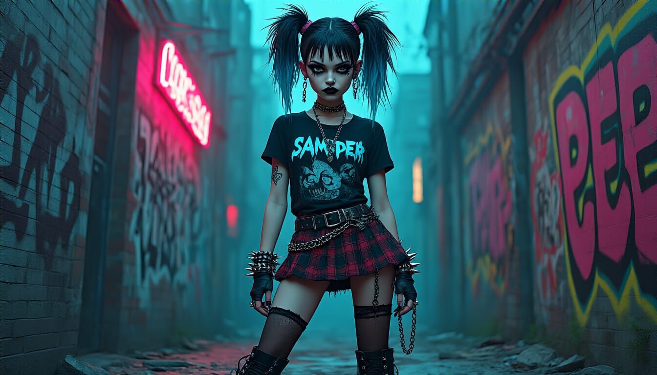 Edgy Punk Girl with Asymmetrical Hairstyle in Pop Surrealism...