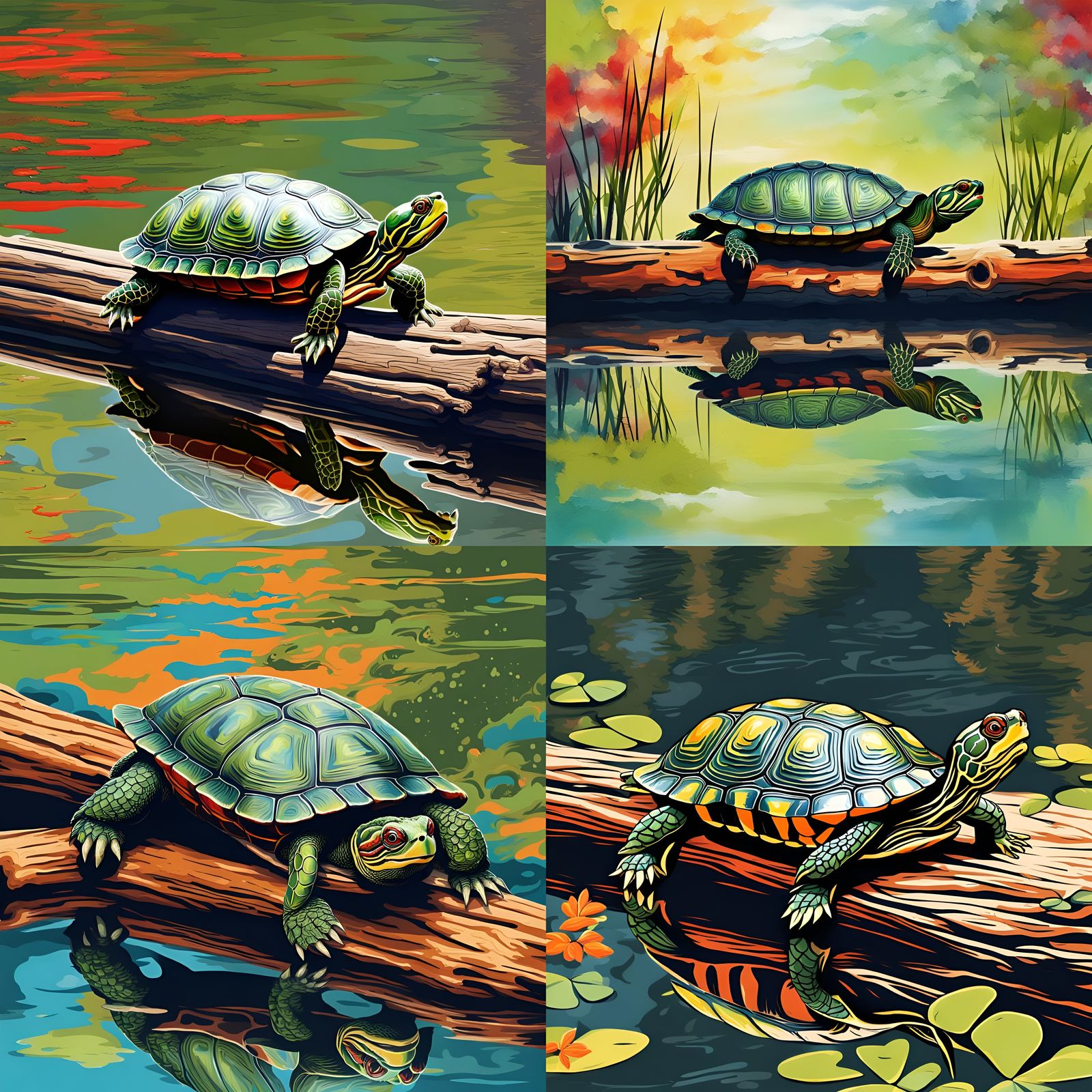 Red-Eared Slider Turtle in Abstract Pond Art