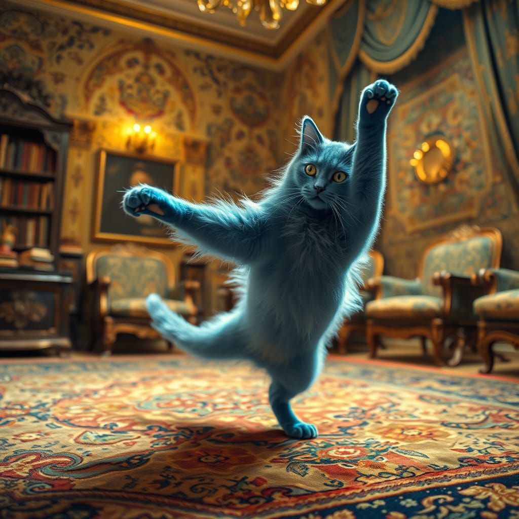Electric Blue Cat Performs Acrobatic Dance in Ornate Room