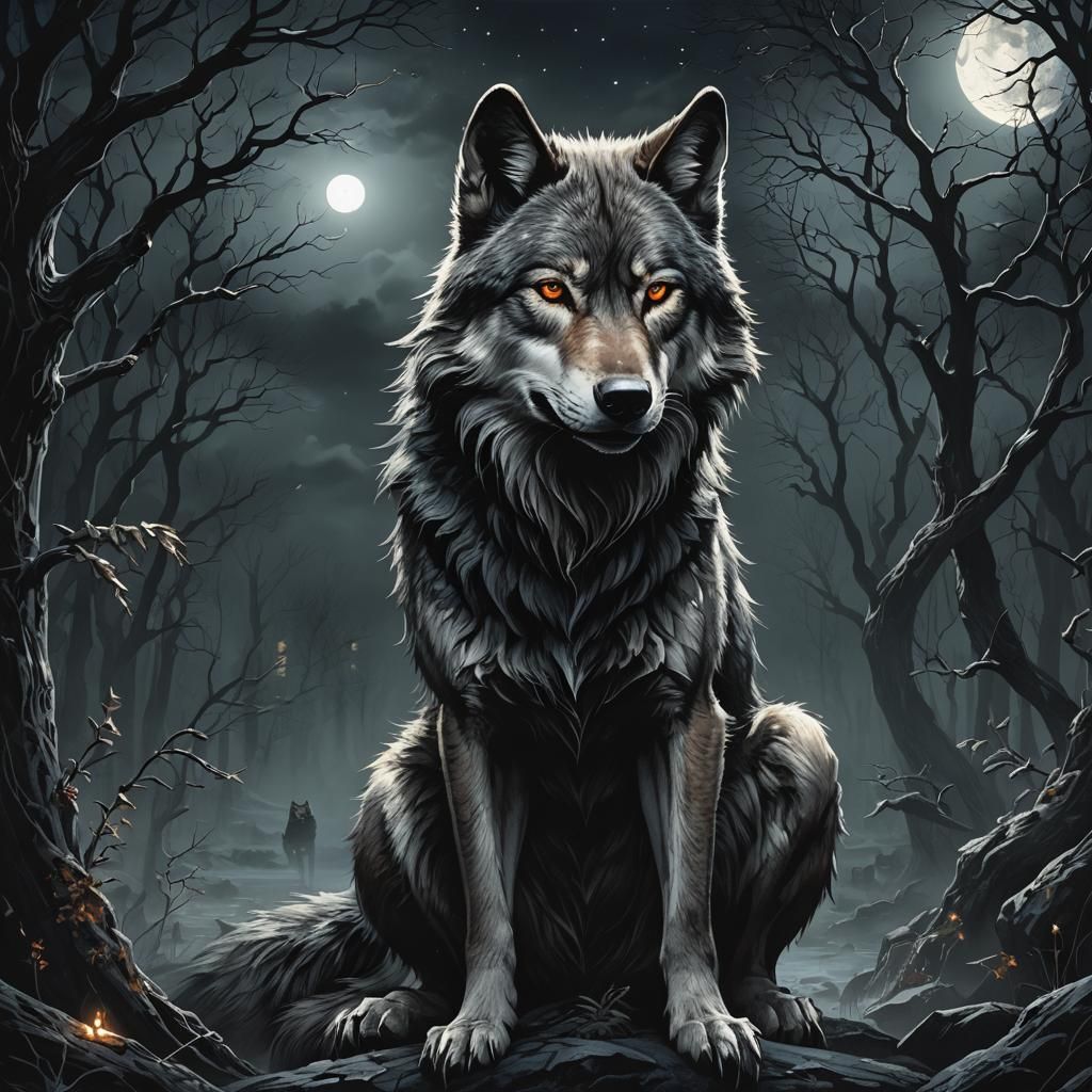Grimdark Fantasy Wolf at Night