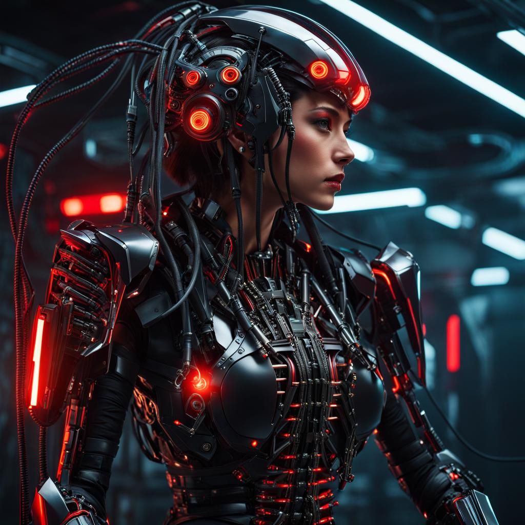 Cyberpunk Girl in Bio-Mechanical Armor, Futuristic City