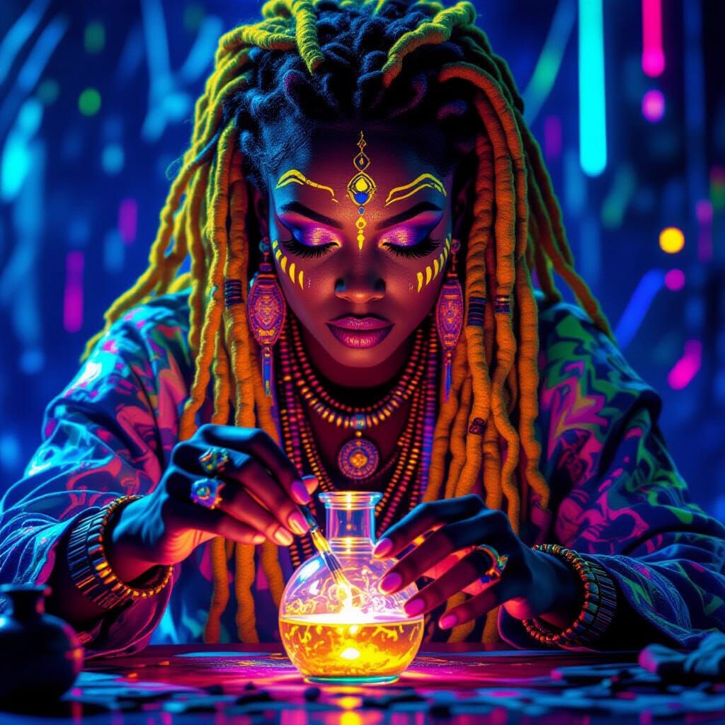 Voodoo Priestess Mixing Luminescent Potion in Neon Glow
