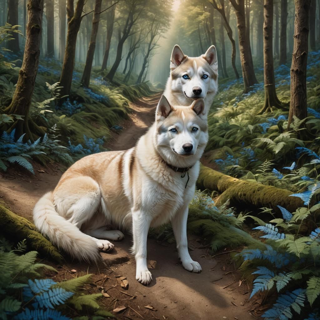 Husky with Blue Eyes on Forest Path