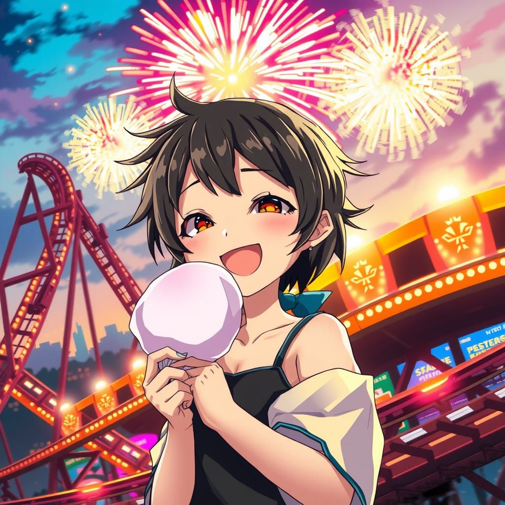 Anime Chibi Woman's Joyful Theme Park Adventure