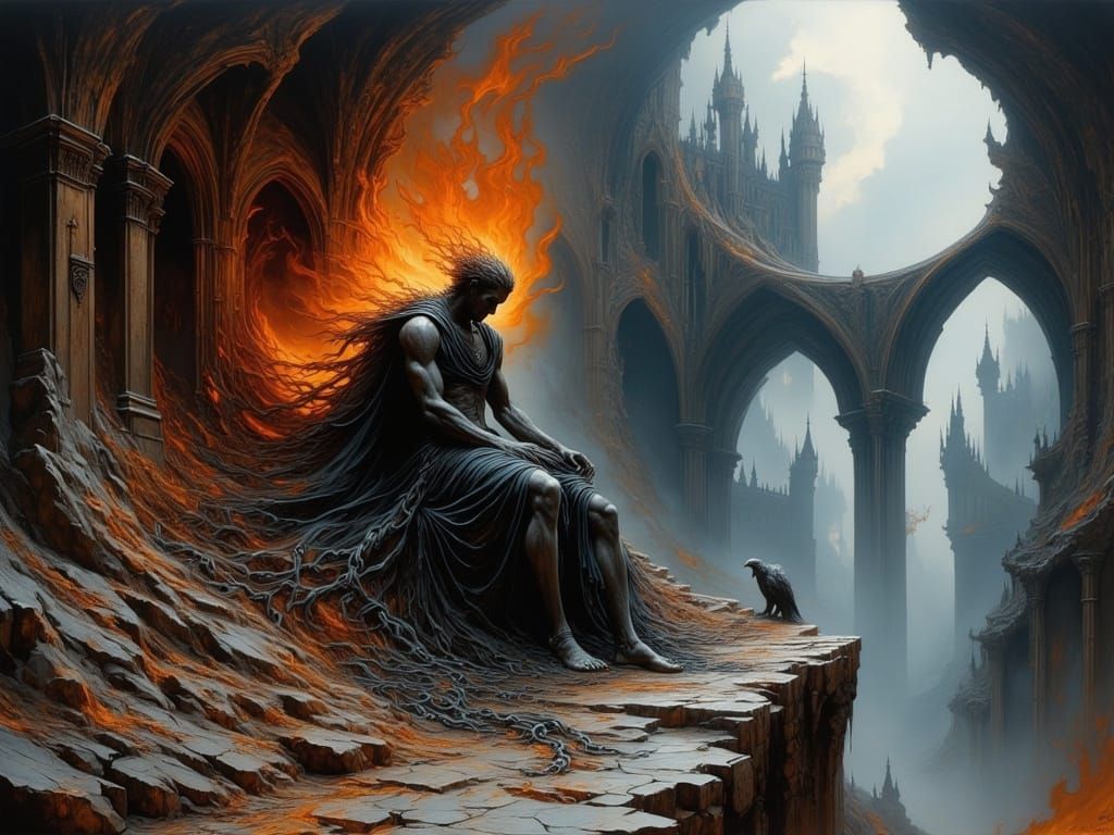 Prometheus Chained to a Peak with Eagle, Epic Fantasy Art