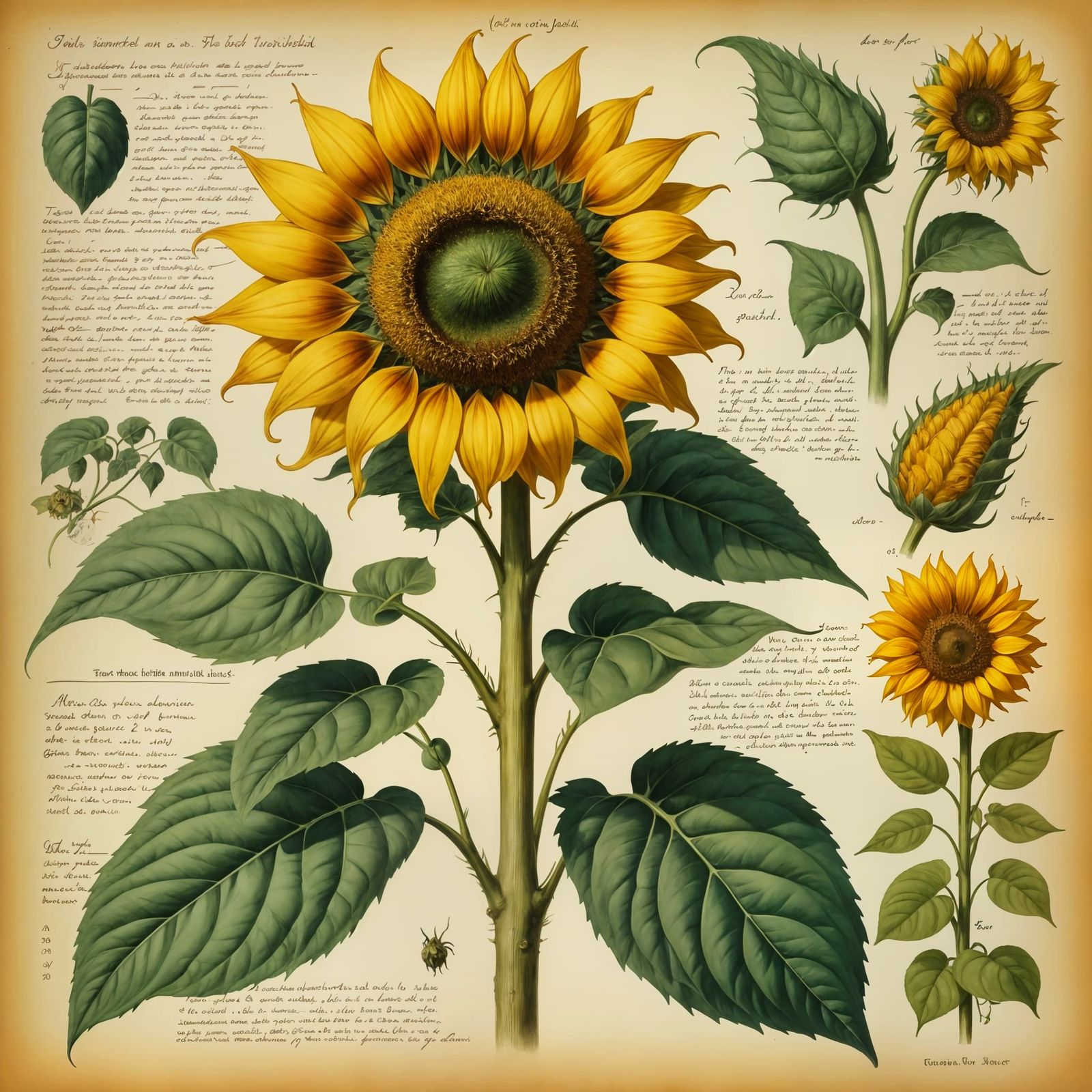 Giant Sunflower Botanical Illustration in Victorian Style