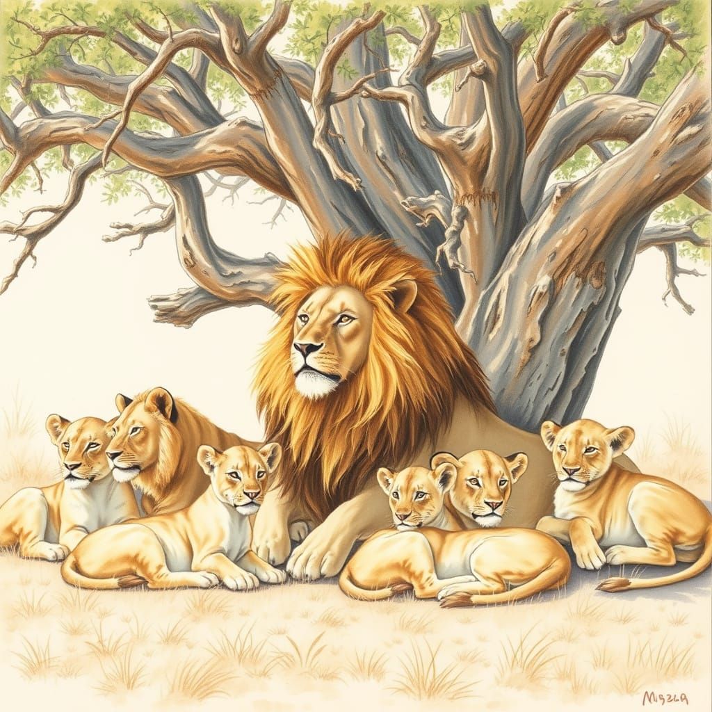 Regal Lion Family in Serene Thorn Tree Shade