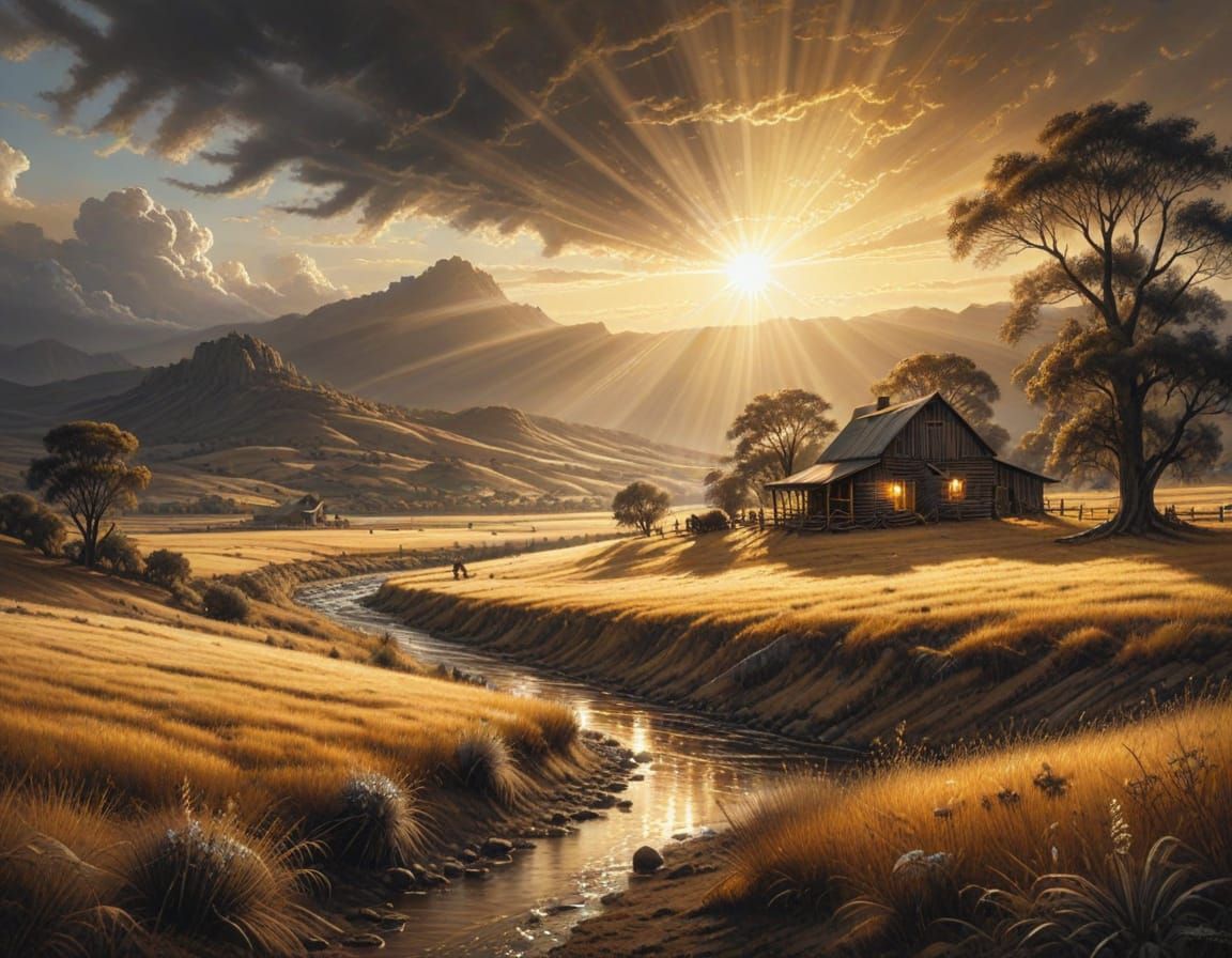 Golden Lit Western Countryside Panorama