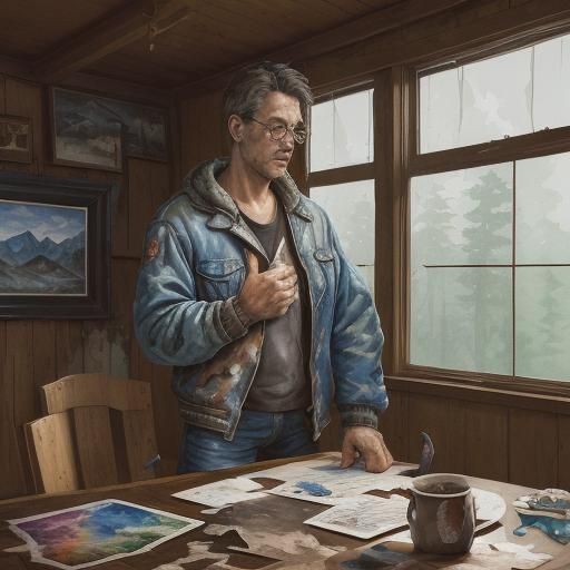 Derelict Cabin Interior with Blade: Gouache Watercolor Art