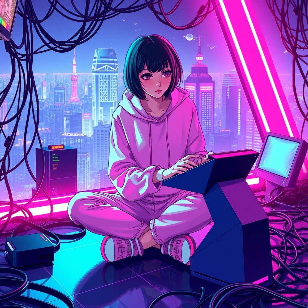 Girl Gamer Surrounded by Retro-Futuristic Cityscape