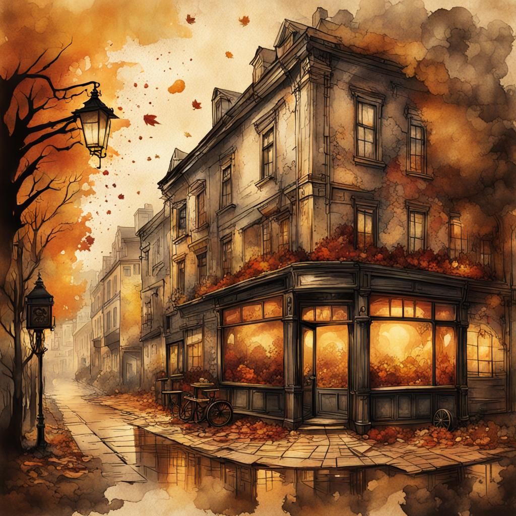 Steampunk Autumn Street Scene in Ink Painting Style