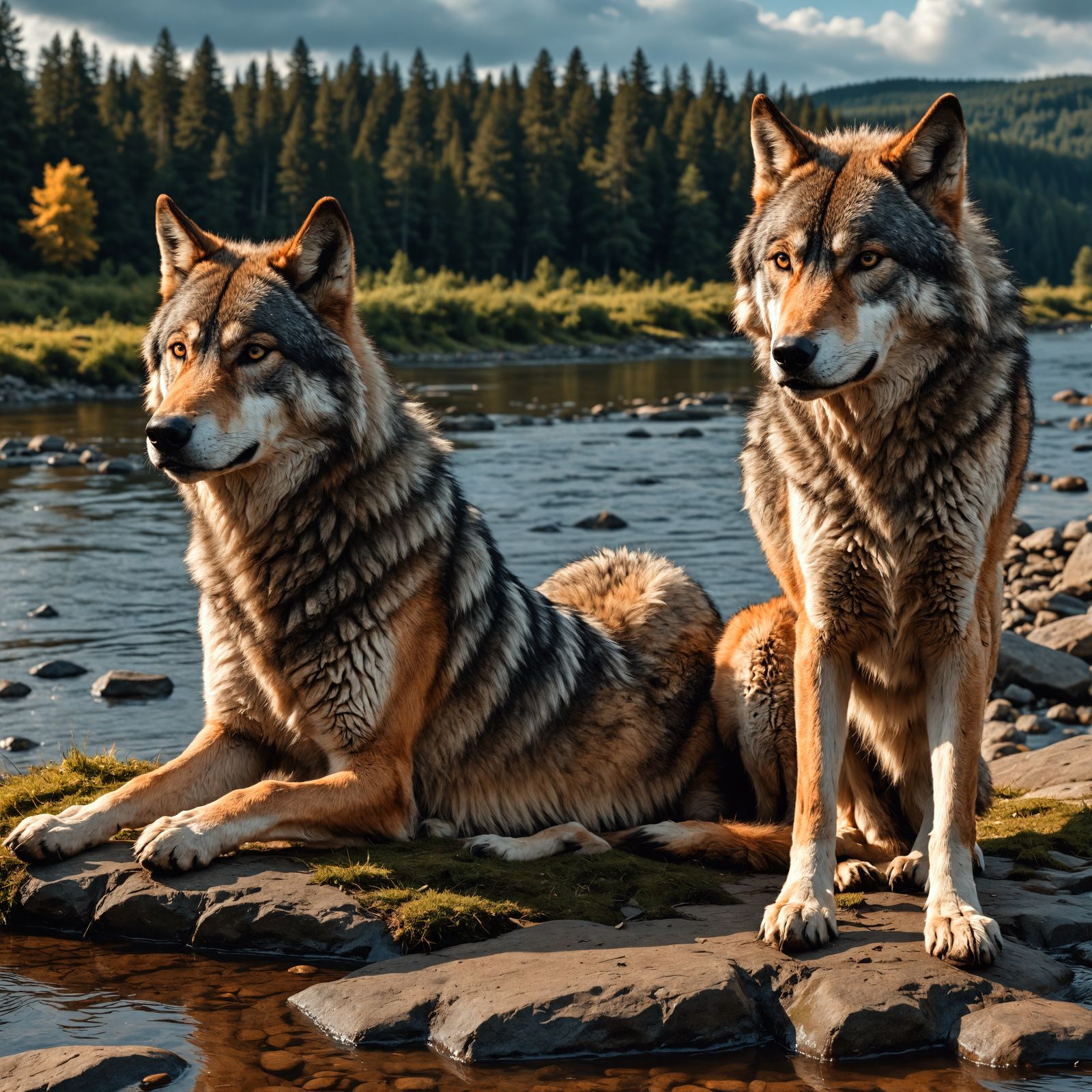 Hyperrealistic Wolves in Riverine Landscape