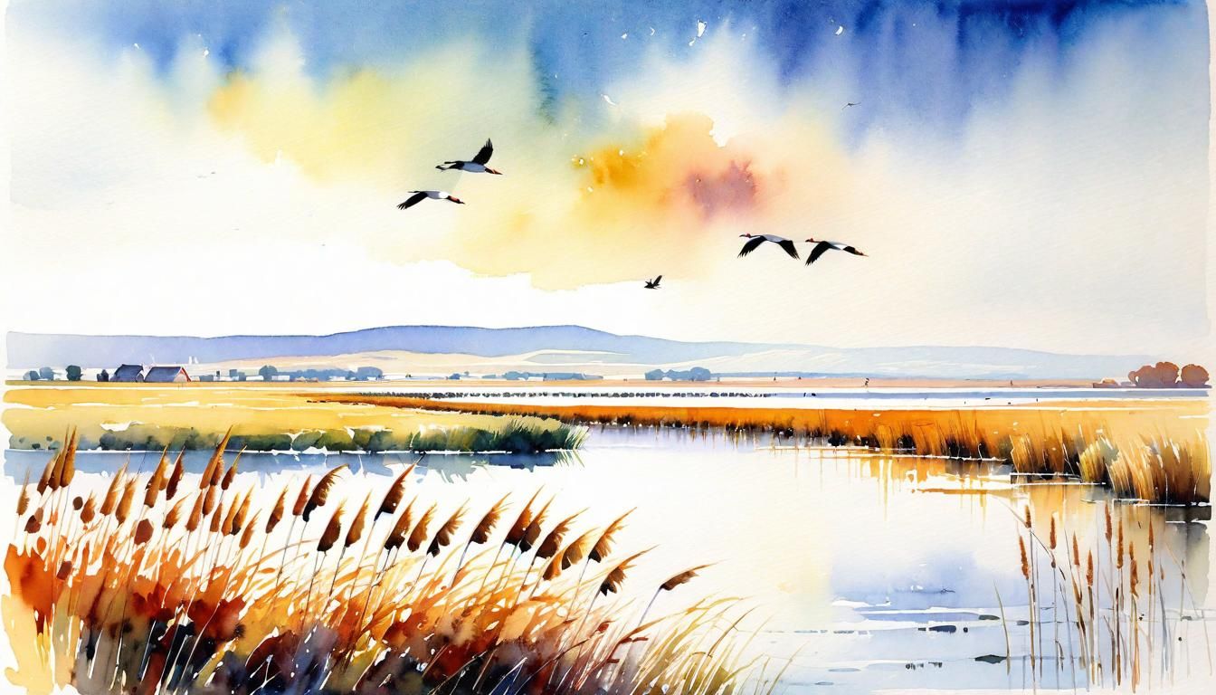 Lake Neusiedl Cranes in Watercolor Autumn Scenery