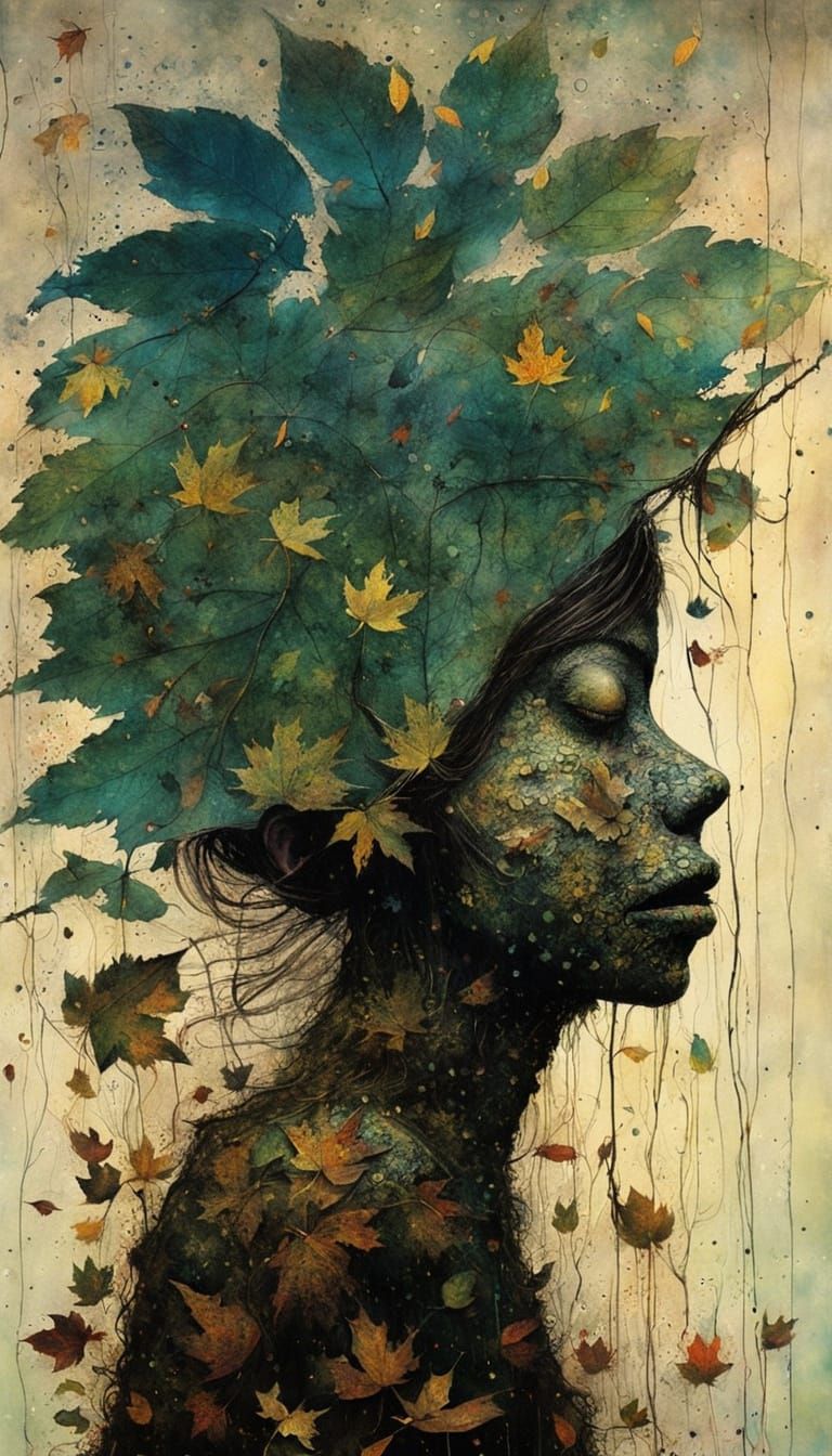 Surrealistic Oil Painting of a Frog Silhouette in a Leafy Ab...