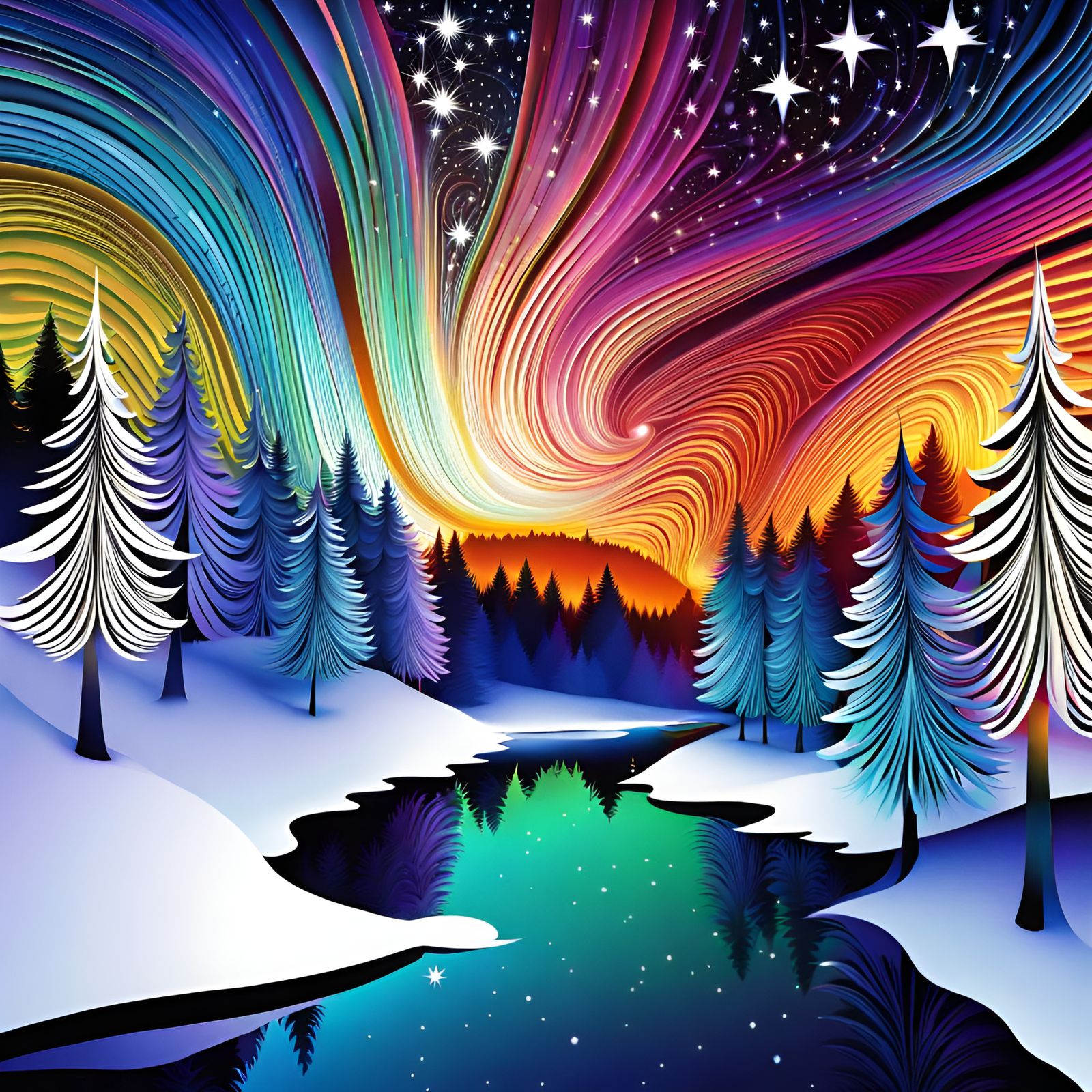 Winter Forest in Christmas Colors with Abstract Fractals