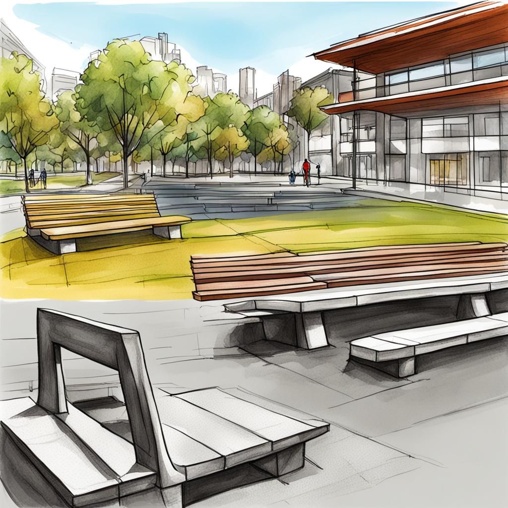 Colorful Concrete Park Benches in Digital Sketch Style