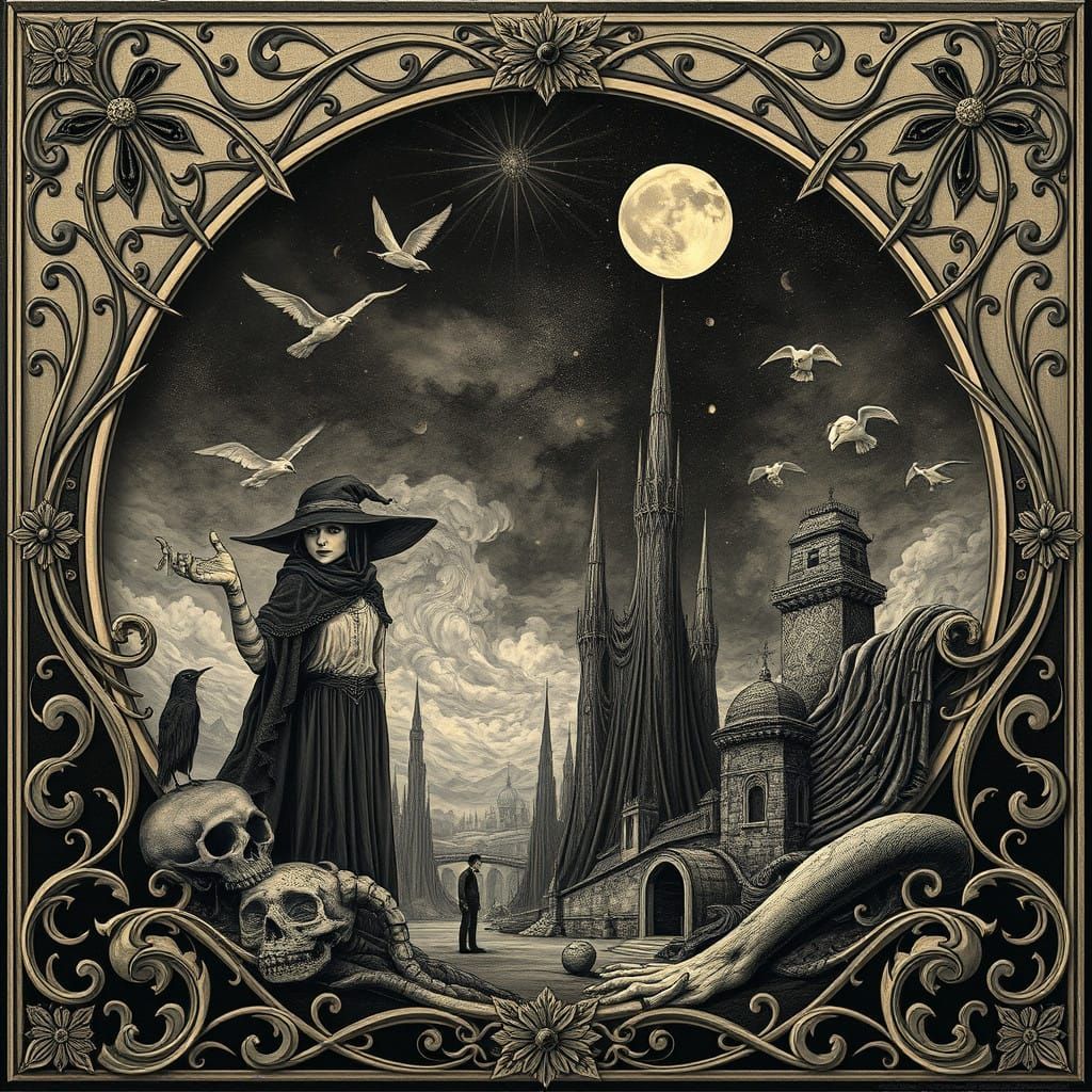Surrealist Dreamscape in Muted Monochromatic Art Nouveau Sty...