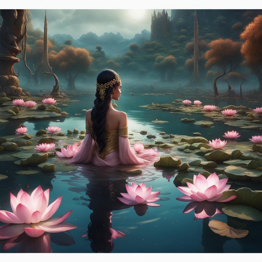 Ethereal Lake with Persian Princess, Detailed Matte Painting