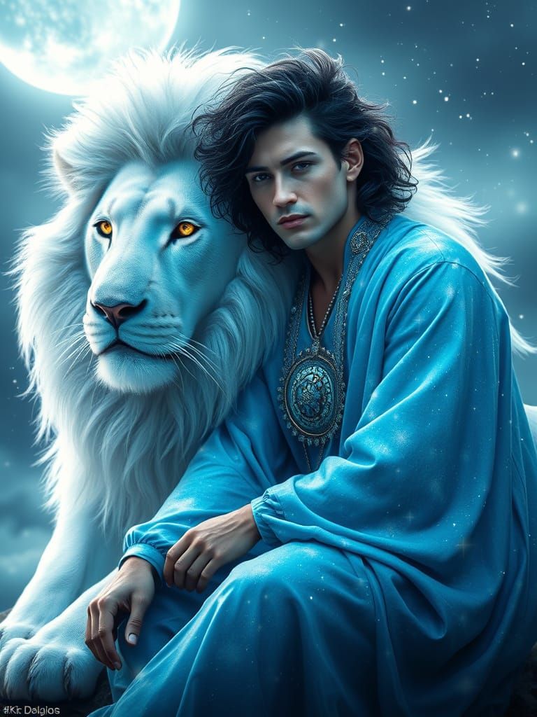 A handsome Pleiadian man with long, shiny black hair with white highlights that shimmers like crystals, adorned in a flo...