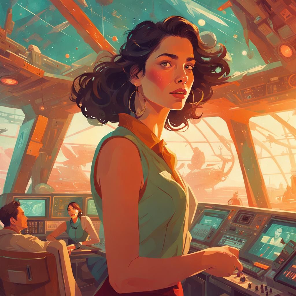 Brunette Space Cadet on Starship Bridge in Solarpunk Style
