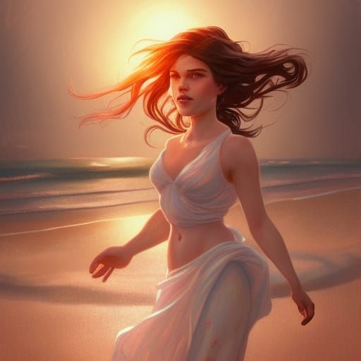 Romantic Beach Walk Portrait in Hyperdetailed Style