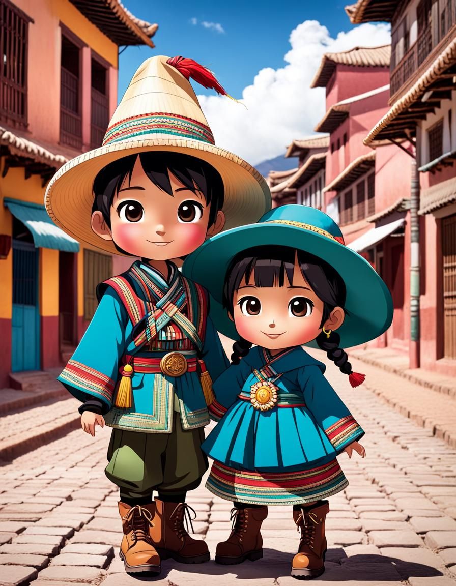 Chibi Bolivian Children in Sucre Cityscape
