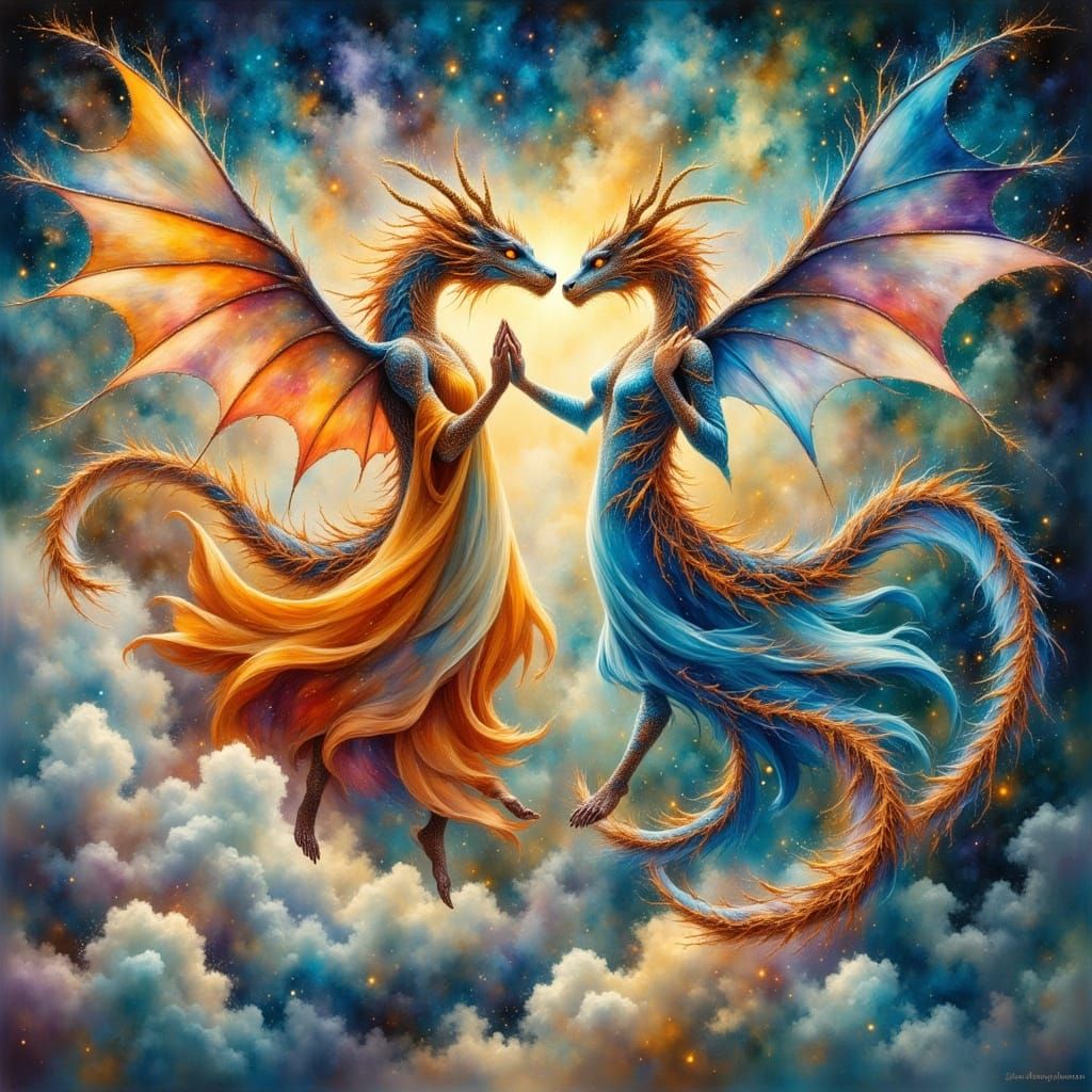Ethereal Fantasy Dragons Dancing in a Swirling Sky