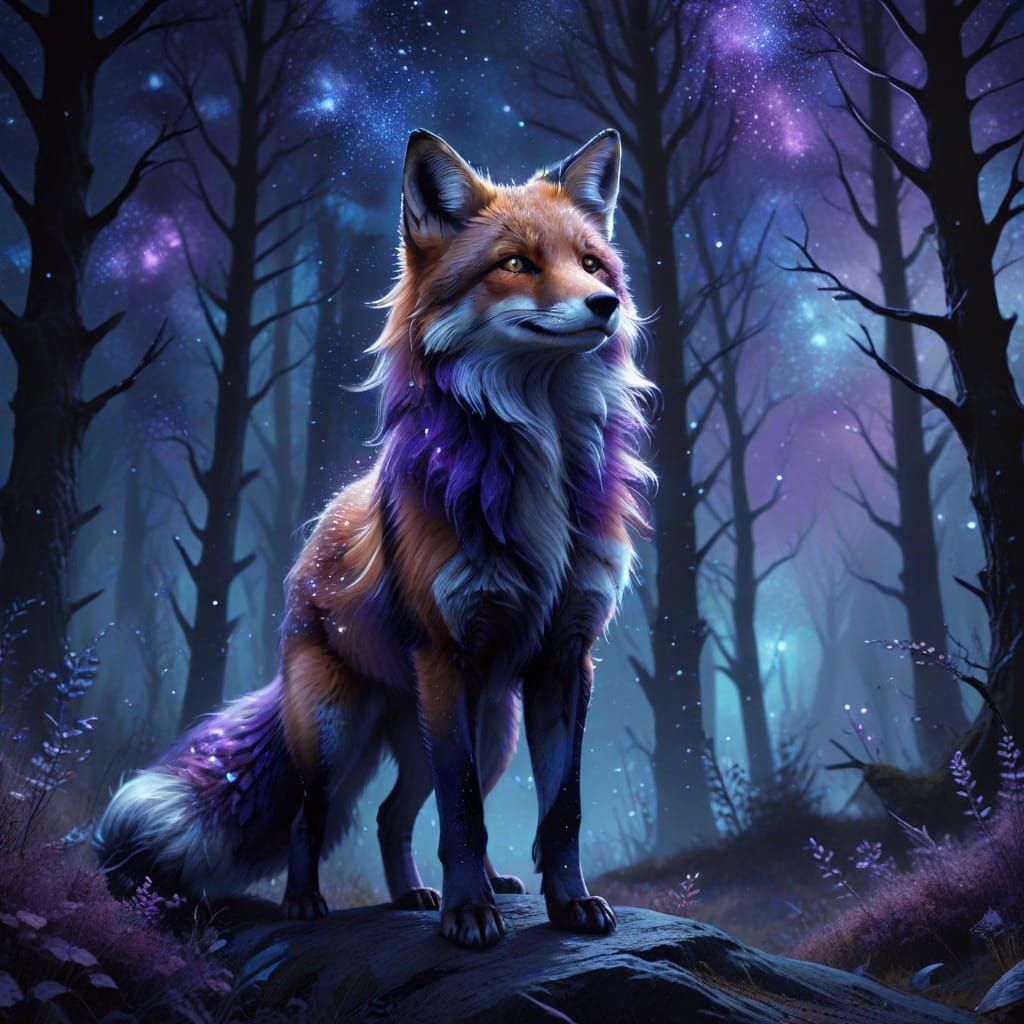 Fantasy Fox with Starry Fur in Forest