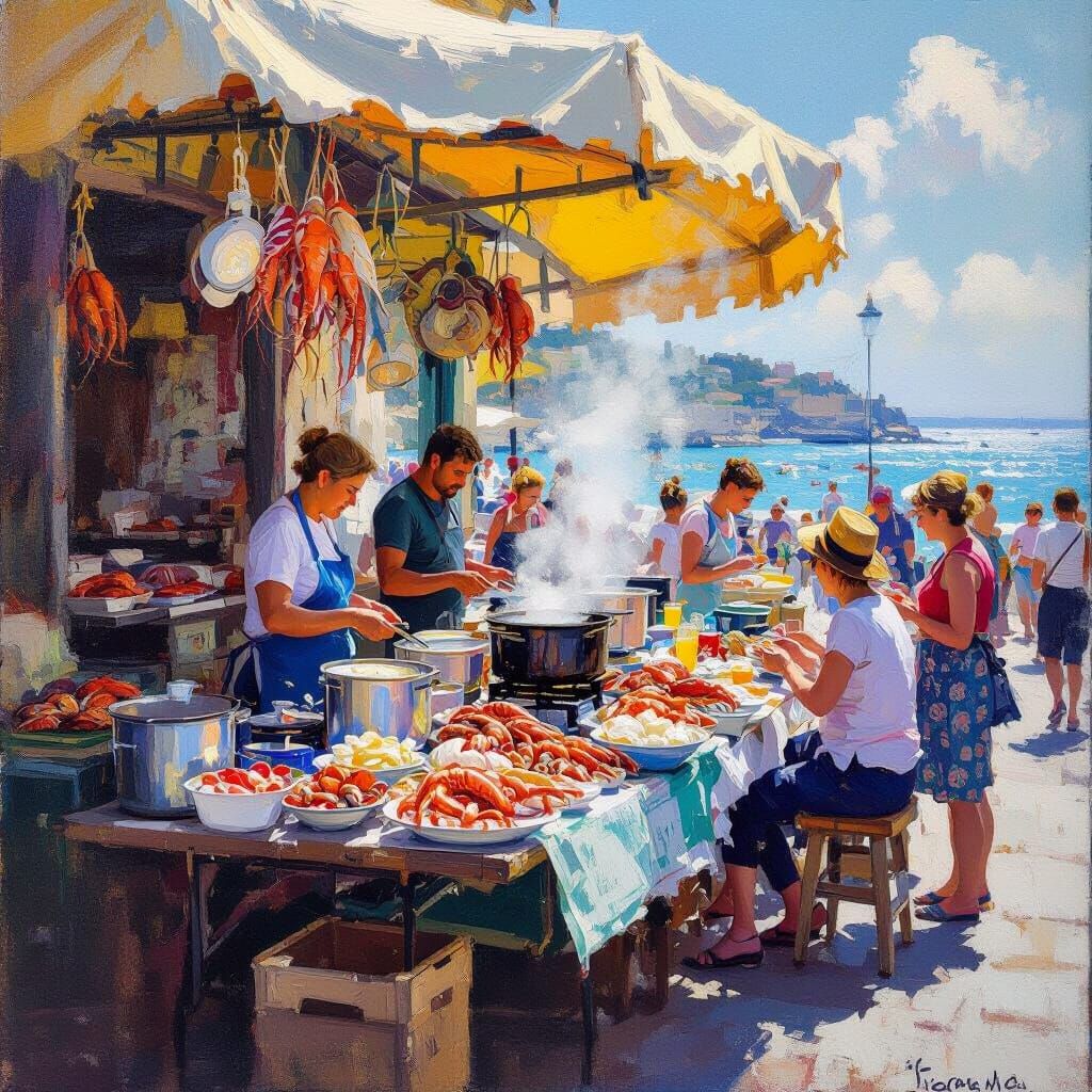 Bustling Seaside Whelk Stall in Impressionistic Style