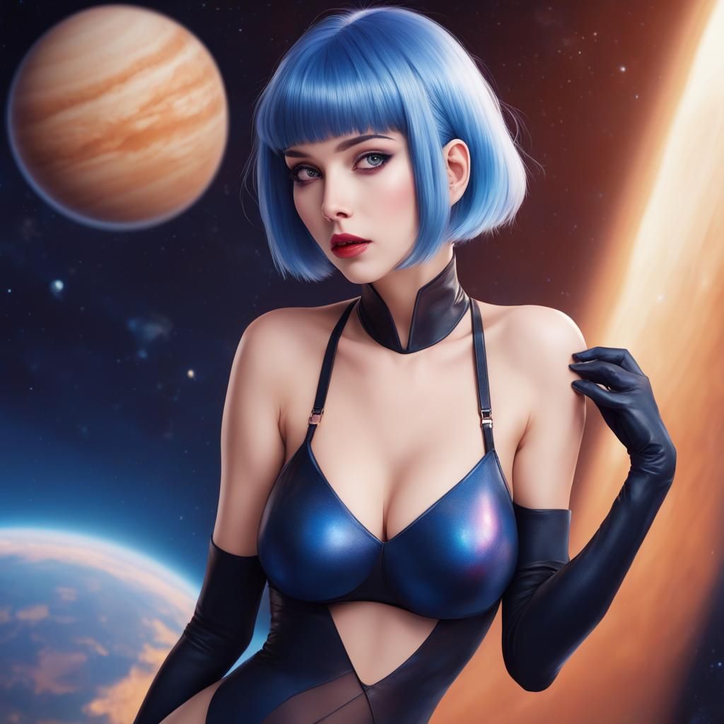 Beautiful Girl with Blue Hair and Milky Way