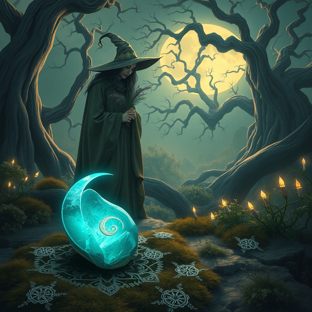 Mystical Witch Gathering Herbs in Enchanted Forest