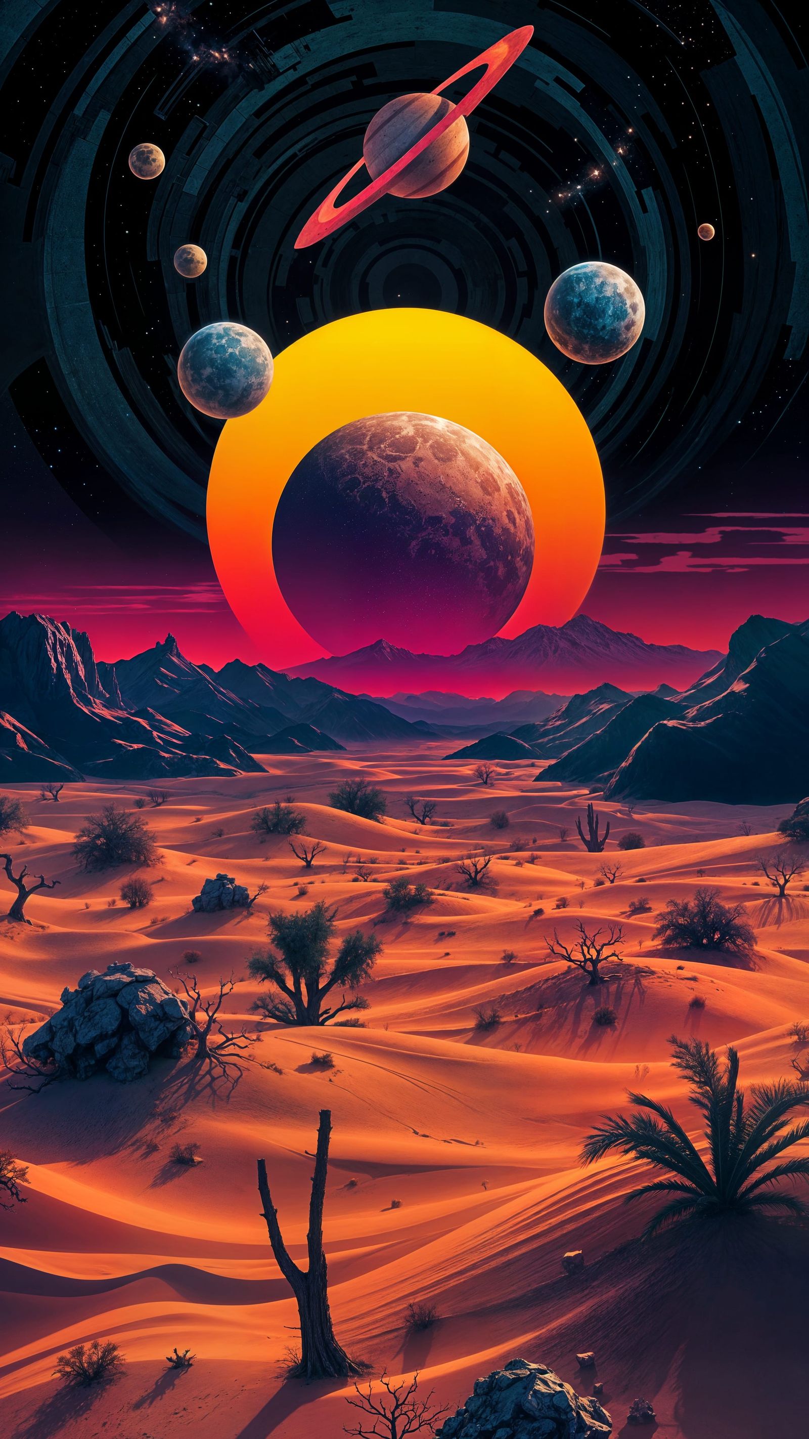 Surreal Cosmic Sunset in a Cubist Desert Landscape