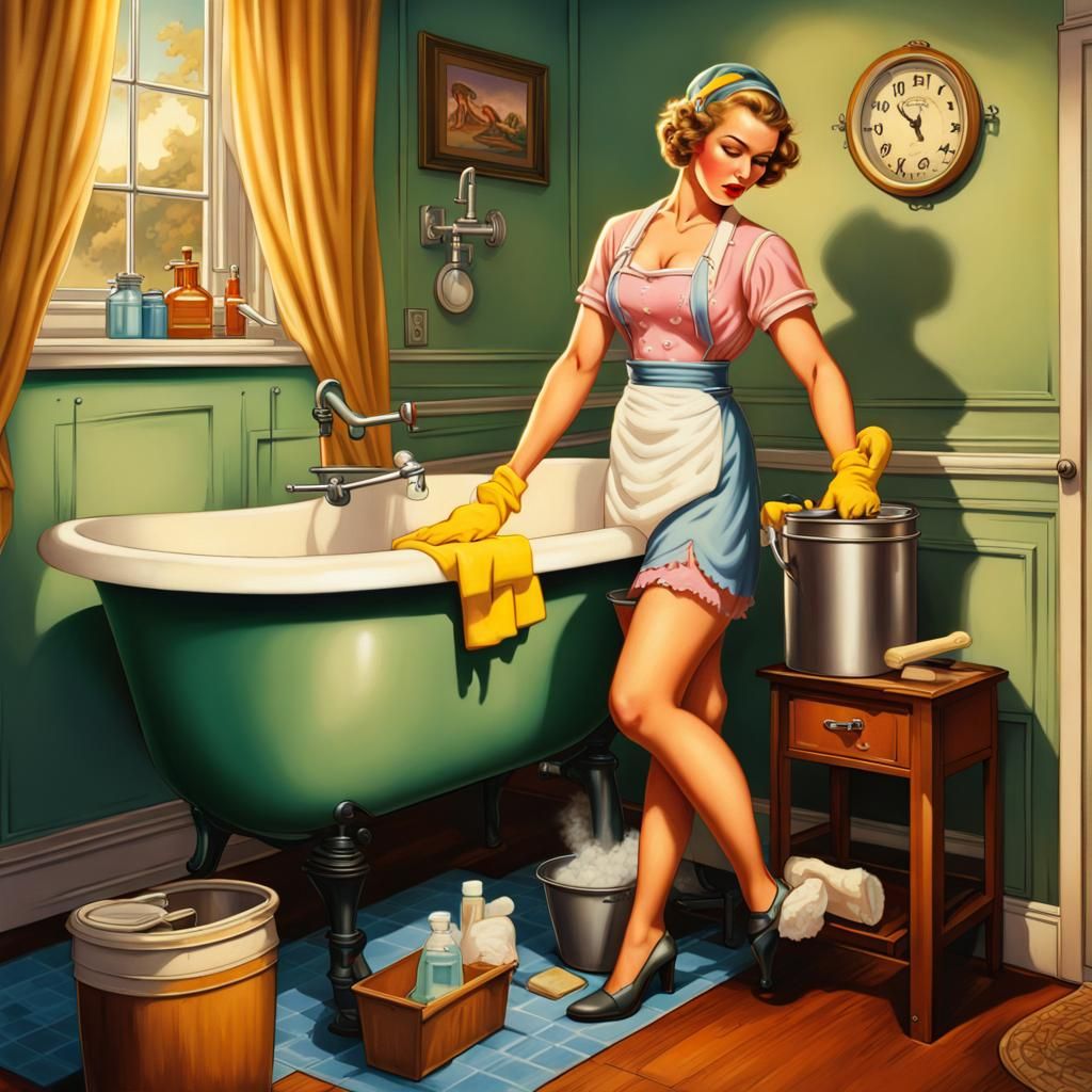 1930s Pin-Up Girl Cleaning a Clawfoot Tub
