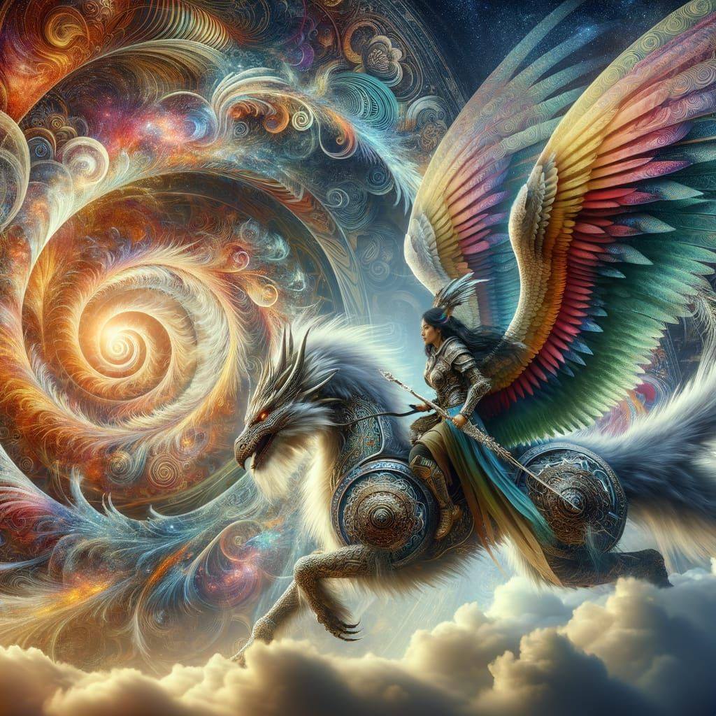 Warrior Angel Rides Majestic Dragon through Rainbow Spiral R...